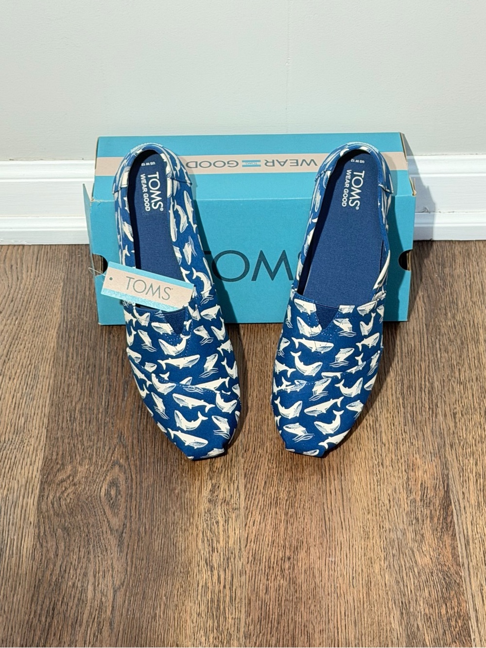 Toms Blue Canvas Slip-Ons with White Whale Print